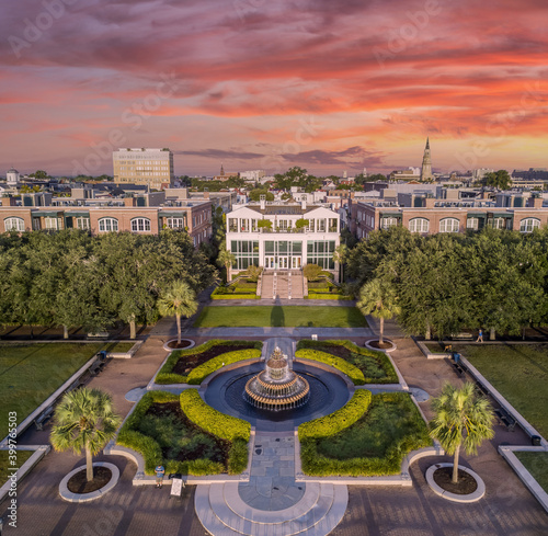 Charleston skyline with pink sky and clouds