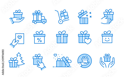 Gift box icon set. Collection of present, christmas, discount, ribbon and more. Vector illustration. Editable stroke.