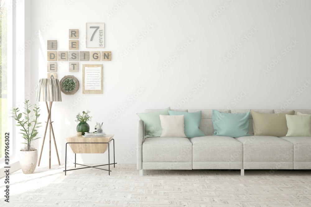 White living room with sofa. Scandinavian interior design. 3D illustration White living room with sofa. Scandinavian interior design. 3D illustration