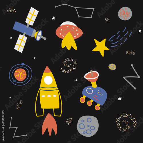 Seamless pattern with rocket, planets, comet, stars, ufo. Space exploration, space trip. Childish, Cute style background.  Illustration for textile, fabric, wallpaper, web design