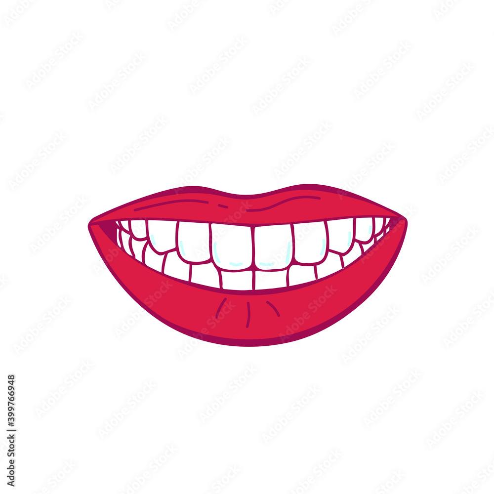 Fototapeta premium Isolated smiling lips with healthy teeth, Hand drawn line art illustration, Vector sketch. doodle on white.