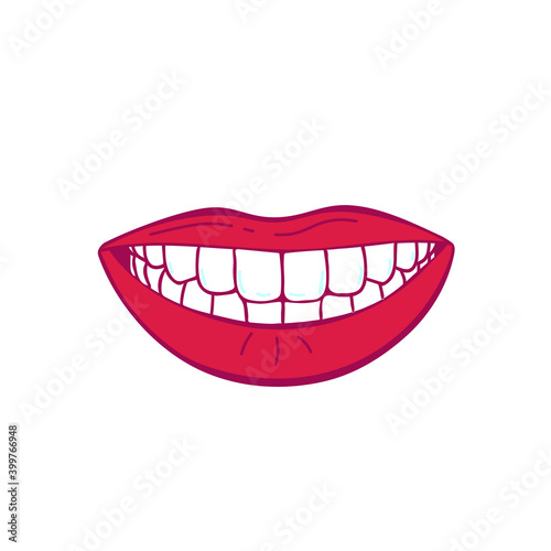 Isolated smiling lips with healthy teeth, Hand drawn line art illustration, Vector sketch. doodle on white.