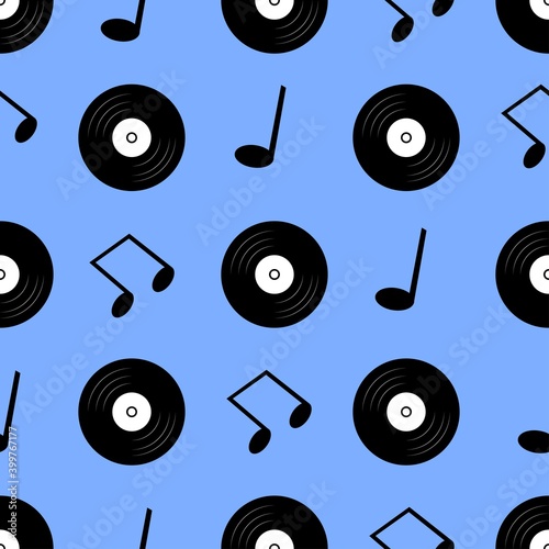 Vector illustration. Seamless pattern
vinyl and music notes on a blue background. Design element for poster, banner, clothes.