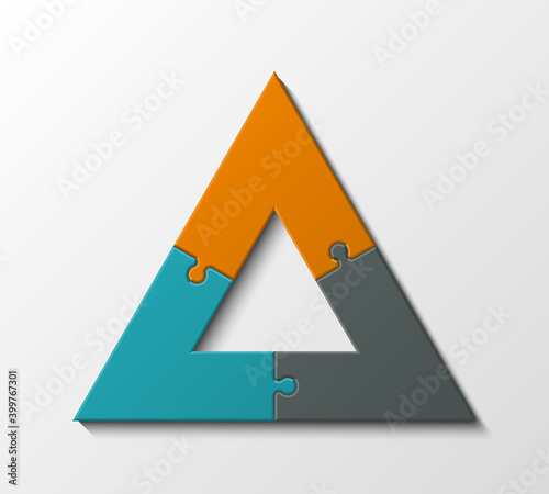 Puzzle three piece business presentation. Triangle pattern infograph. Circle 3 Step process diagram, pyramid card. Delta Section compare service banner. Abstract Background
