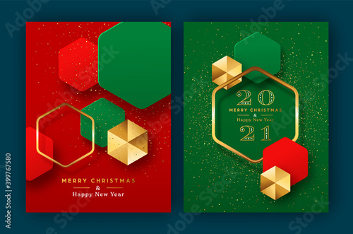 Christmas New Year 2021 gold 3d geometric card set