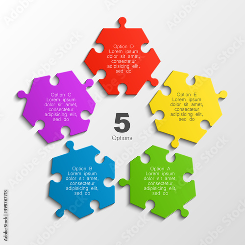 Five piece puzzle business presentation. Circle infograph. 5 step puzzle process diagram. Five section compare service banner. 5 section shape, info graphic banner background