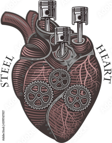 Mechanical heart. Emotions, love, feeling. Anatomic mechanic heart