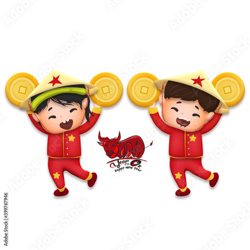 Happy lunar new year 2021 greeting card with cute boy, girl happy smile so funny. Kids hold gold coin cartoon character. Year of the Ox