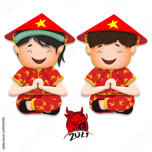 Happy lunar new year 2021 greeting card with cute boy, girl happy smile so funny. Kids sit hand in hand cartoon character. Year of the Ox