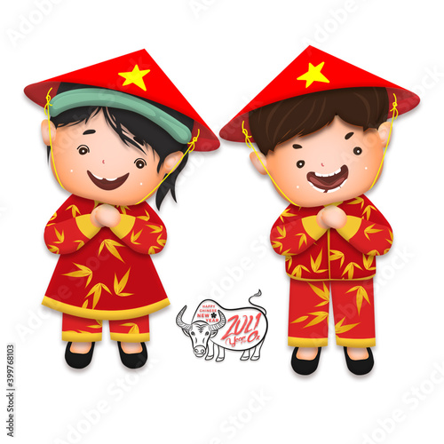 Happy lunar new year 2021 greeting card with cute boy, girl happy smile so funny. Kids hand in hand cartoon character. Year of the Ox