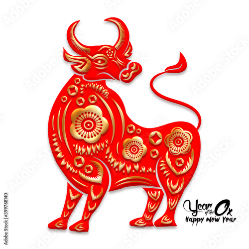 Happy Chinese New Year 2021 year of the ox ,Chinese Zodiac Sign Paper cut red ox