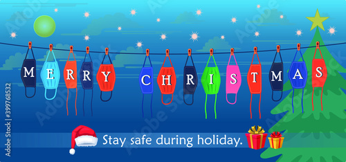 Wear mask stay safe during Christmas infographic vector illustrator.