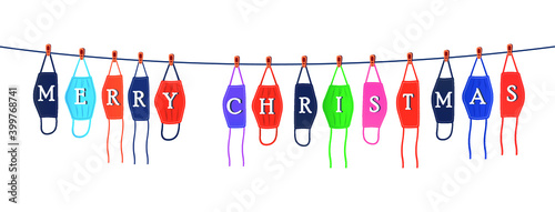 Wear mask stay safe during Christmas infographic vector illustrator. Face masks written Chrismast greetings.