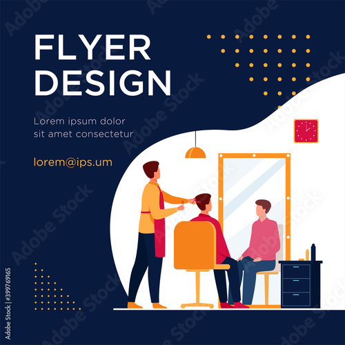 Male hairdressing beauty salon interior isolated flat vector illustration. Cartoon stylist or beautician cutting client hair in barbershop. Appearance and beauty concept