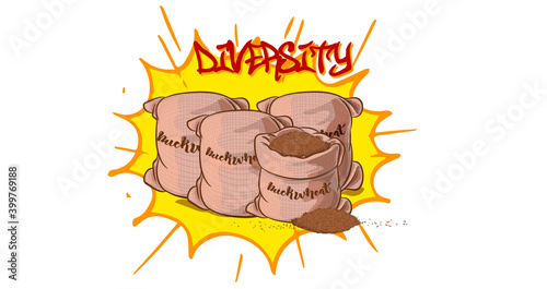 Illustration of buckwheat porridge in bags in the clipart version