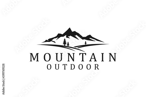 Mountain logo outdoor emblem circle - adventure wildlife pine tree forest design, hiking exploration nature, camping basecamp campfire alpine himalaya.