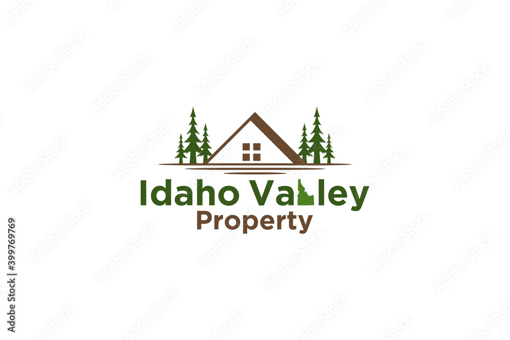 Property real estate logo design, idaho property business, roof pine tree element, house icon. Building home.