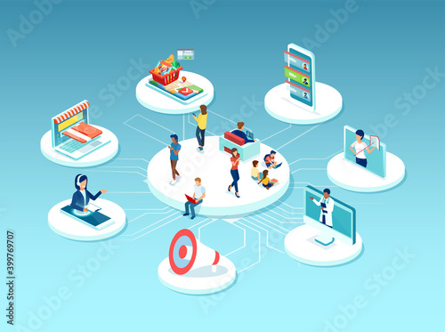 Canvas-taulu Vector of people surrounded by many online services, education, health care, sho
