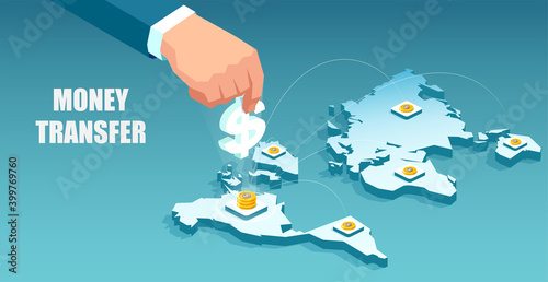 Vector of a businessman trasferring money worldwide using global financial system.