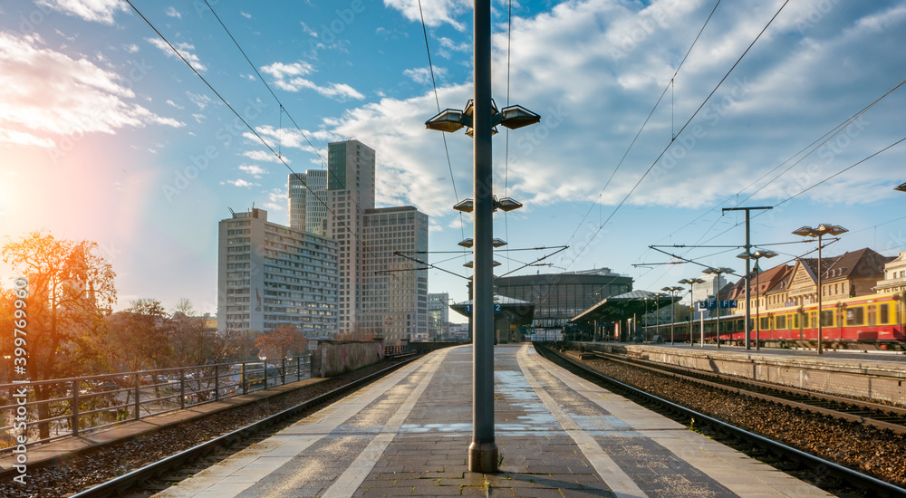 berlin city traffic rush in office district. train motion blur long exposure shot berlin city traffic rush in office district. train motion blur long exposure shot