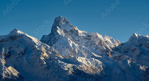 Panoramic view on the Olan Peak in winter in the Ecrins National Park at sunrise. Valgaudemar Valley  Champsaur  Hautes-Alpes  05   Alps  France