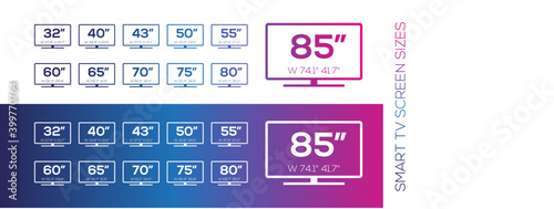 Smart TV sizes screen, Led television display. Diagonal screen size in 32, 40, 43, 50, 55, 60, 65, 70, 75, 80, 85 inches, vector icon set.