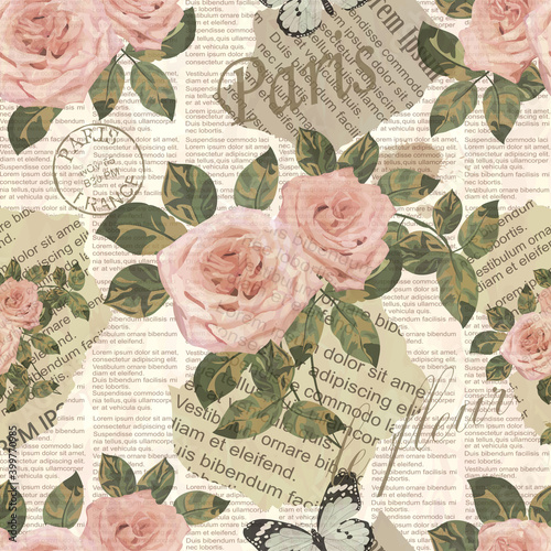 Seamless Paris travel wallpaper.Vintage newspaper background.