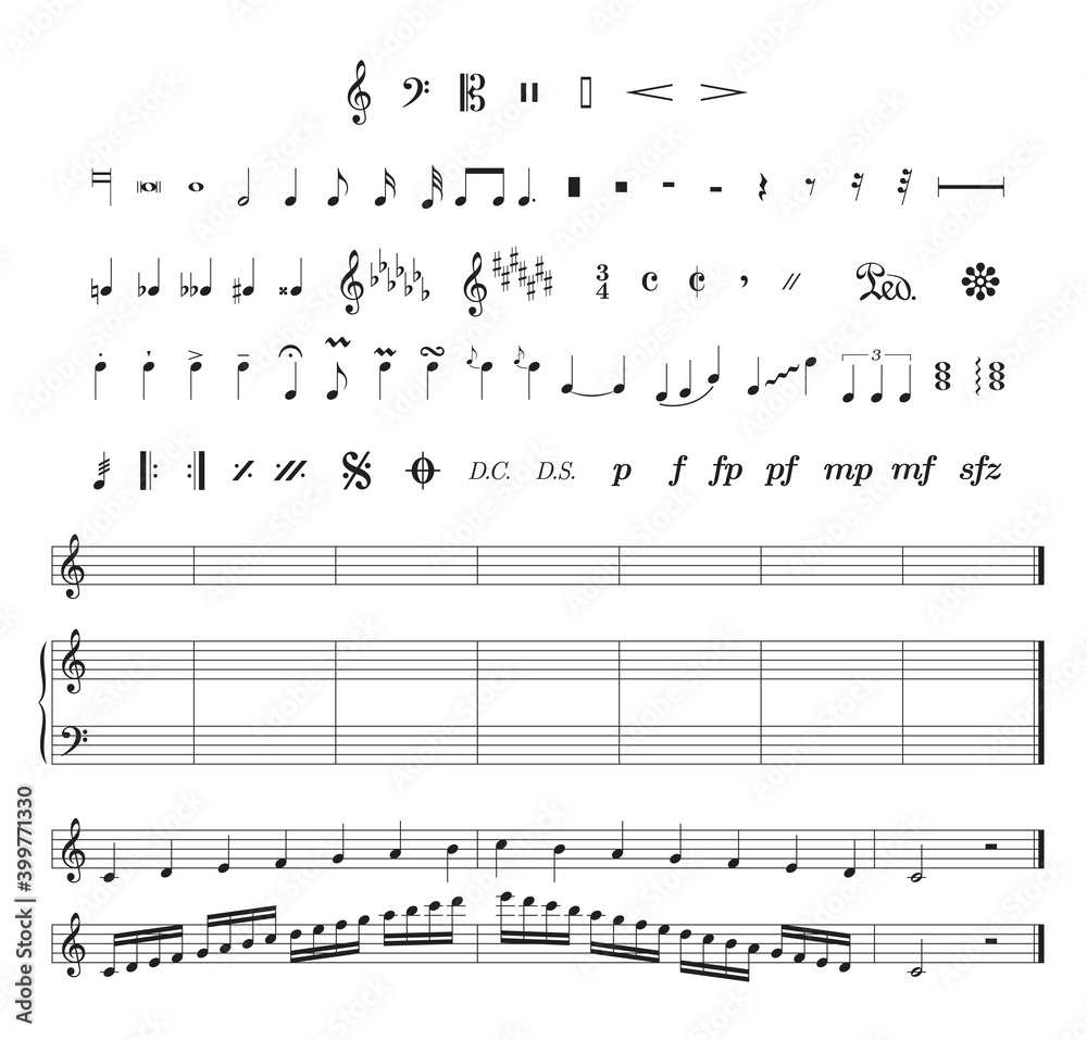 Set of musical notation symbols, treble Gclef, Fclef, Cclefs, clef