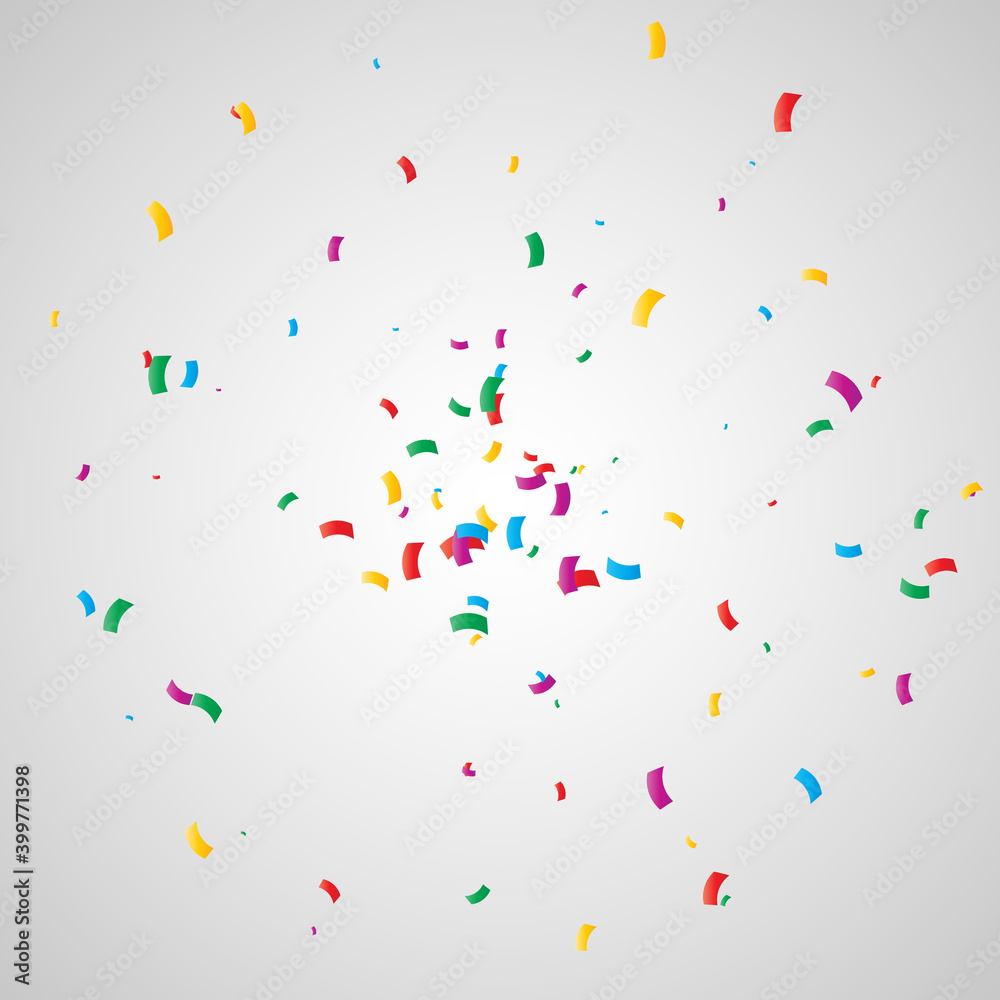 Many falling colorful confetti on background. Celebration banner. Vector