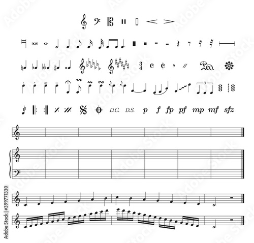 Fotografering Set of musical symbols, staves and musical scales examples.