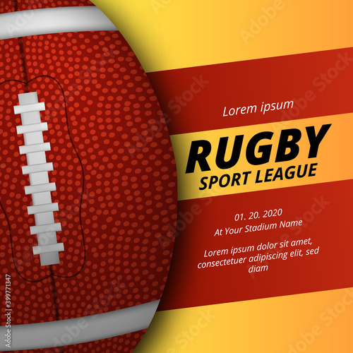 rugby or american football sport league competition poster with realistic 3d oval ball top view
