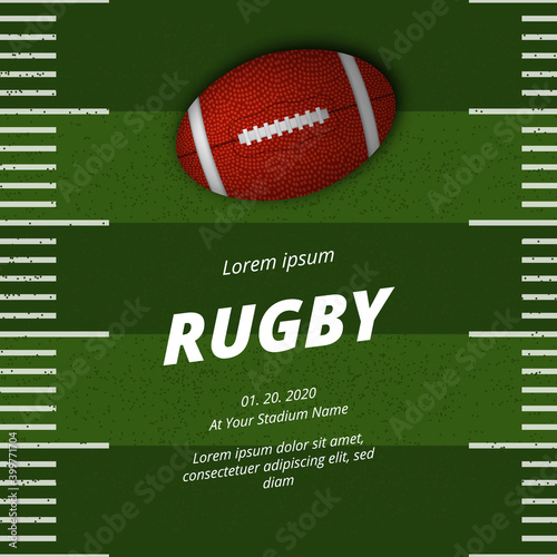 rugby or american football sport league competition poster announcement with realistic 3d oval ball top view on the green field yard