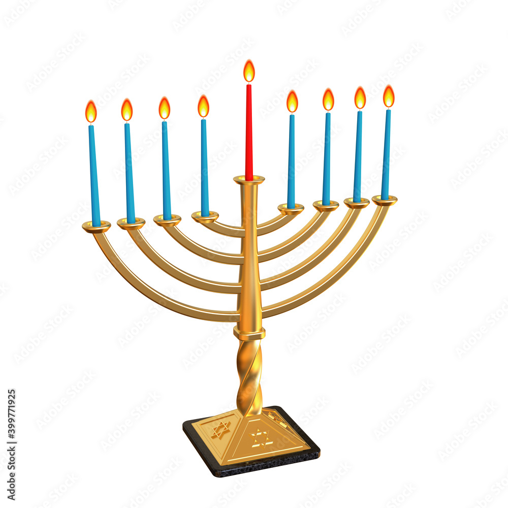 Golden hanukkiah. Hanukkah Menorah. Star of David Hanukkah menorah. Lighting Hanukkah candles. Happy Hanukkah. Jewish holiday Chanukkah greeting card. 3D illustration. Golden hanukkiah. Hanukkah Menorah. Star of David Hanukkah menorah. Lighting Hanukkah candles. Happy Hanukkah. Jewish holiday Chanukkah greeting card. 3D illustration.