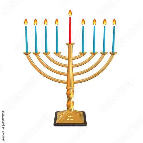 Golden hanukkiah. Hanukkah Menorah. Star of David Hanukkah menorah. Lighting Hanukkah candles. Happy Hanukkah. Jewish holiday Chanukkah greeting card. 3D illustration.