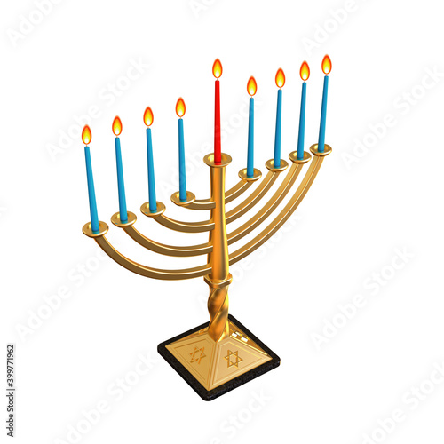 Golden hanukkiah. Hanukkah Menorah. Star of David Hanukkah menorah. Lighting Hanukkah candles. Happy Hanukkah. Jewish holiday Chanukkah greeting card. 3D illustration.