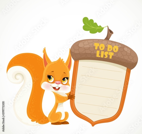 Cute cartoon little red squirrel with big field acorn in paws isolated on white background