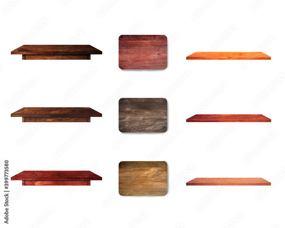 Beautiful collection wooden various of table board and shelf isolated on white background with clipping path