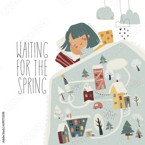 Cute girl lies under a blanket and dreaming about spring