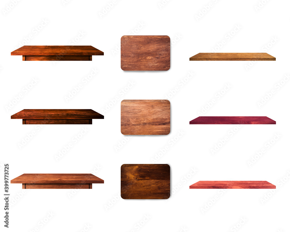 Obraz premium Beautiful collection wooden various of table board and shelf isolated on white background with clipping path