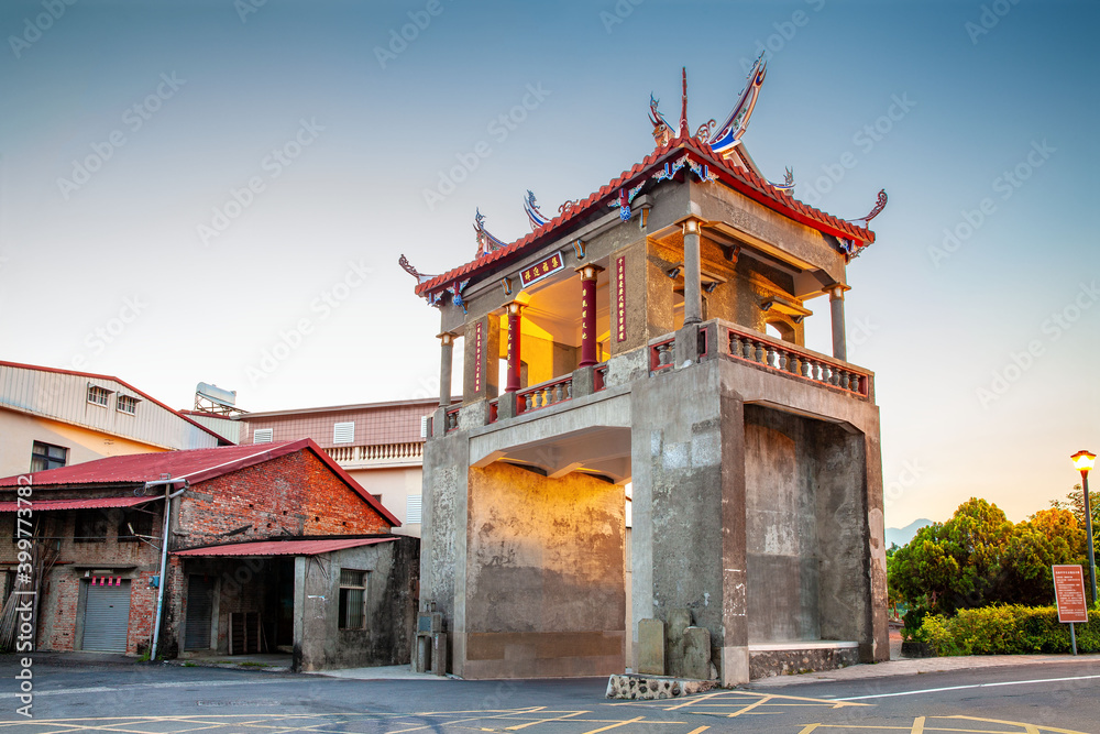 The East Gate Tower in Meinong Taiwan. The translation of the Chinese characters is
