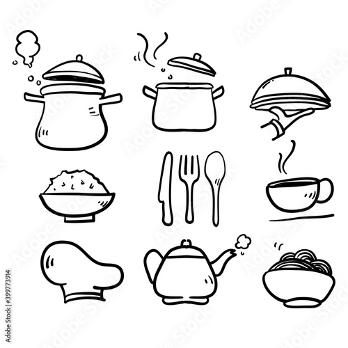hand drawn doodle cooking icon set isolated background