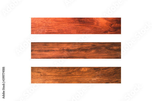 closeup view of three horizontal wooden plank isolated on white background with clipping path for design or work