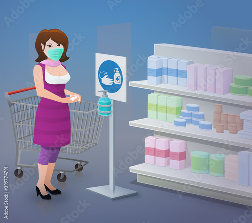 A girl with a surgical mask washes her hands with hydro alcoholic gel in a store
