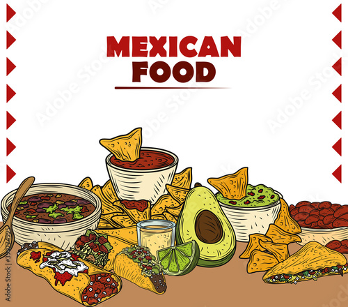 mexican food traditional ingredient menu burrito taco nachos guacamole enchilada, engraved color