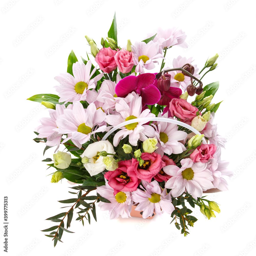Festive floral arrangement of various flowers of delicate colors isolated on a white background. Best gift for woman.