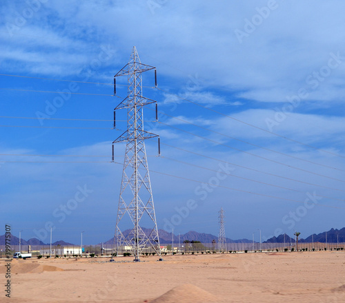 Power line in Sinai Desert.Motion blure.Photo were taken while driving.Sharm El Sheikh, Egypt. 