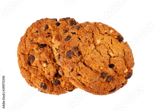 Two chocolate chip cookies isolated on white background
