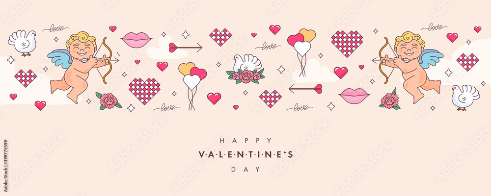 Valentines day background, contain cupid holding arrow, pink hearts, flowers, lips, pigeons and clouds. Happy Valentine's Day text in middle