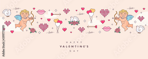Valentines day background, contain cupid holding arrow, pink hearts, flowers, lips, pigeons and clouds. Happy Valentine's Day text in middle