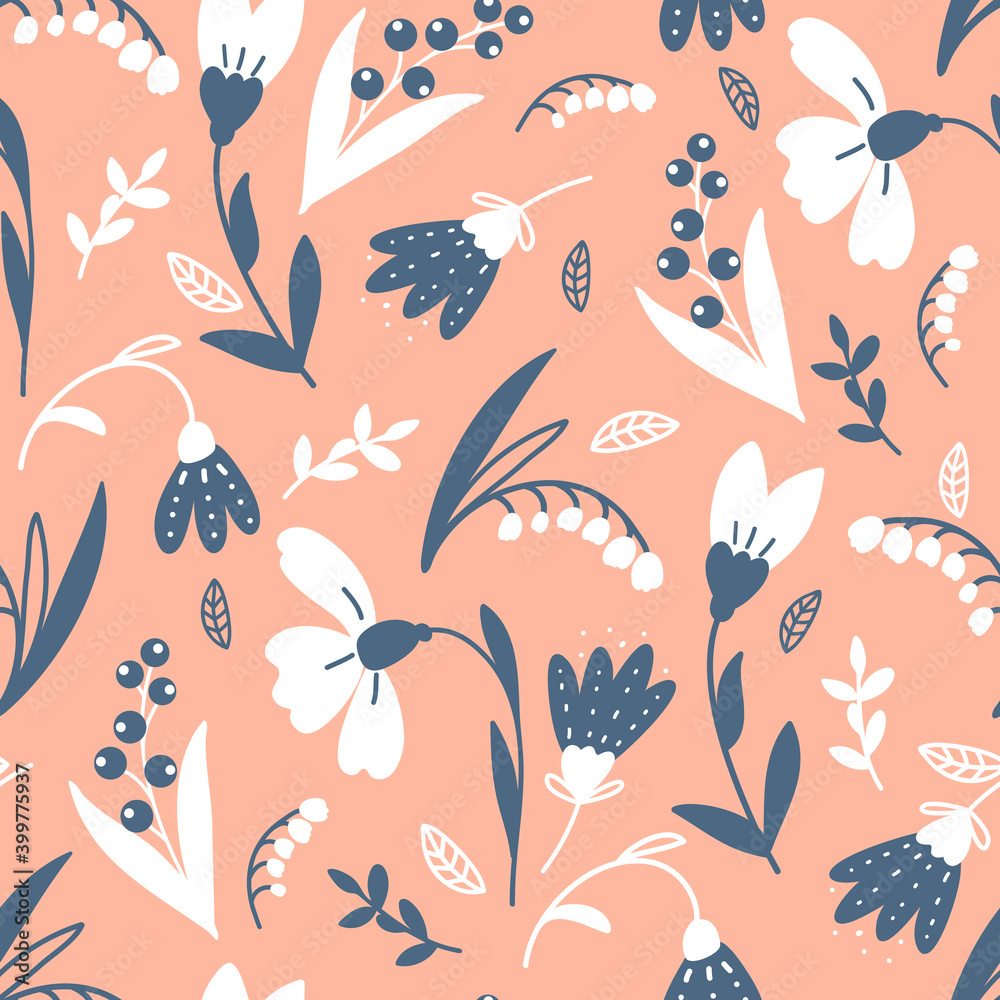vector seamless pattern with delicate spring flowers on a pink background, close up vector seamless pattern with delicate spring flowers on a pink background, close up